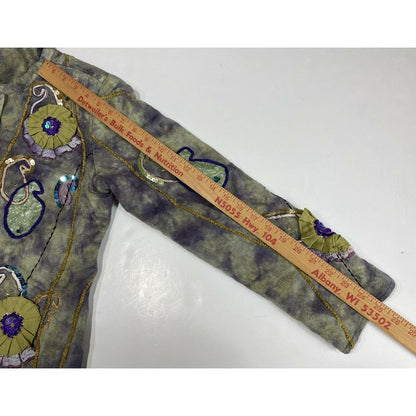 Indigo Moon Jacket Sz Small ART TO WEAR Sequins Flowers Embroidered Green/Purple