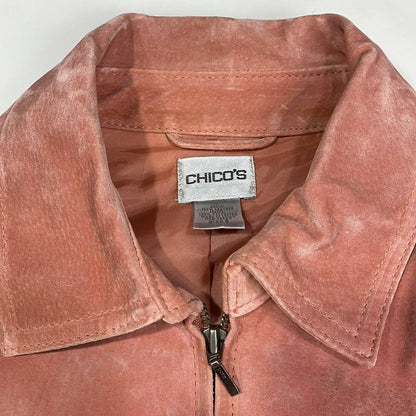 Chicos Suede 100% Leather Jacket Sz 2 (Large) Womens Coral Pink Peach Lined Coat