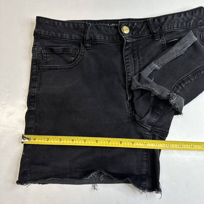 American Eagle Hi-Rise Shortie 14 Super Super Stretch Black Denim Short Fray