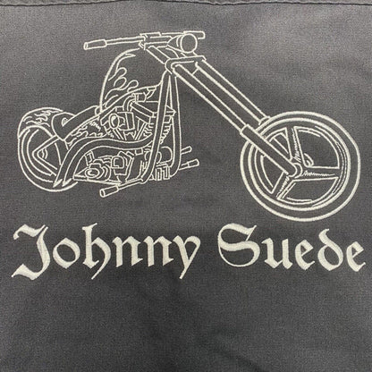 Johnny Suede Button Up Shirt Mens L Black Embroidered Motorcycle Biker USA EUC