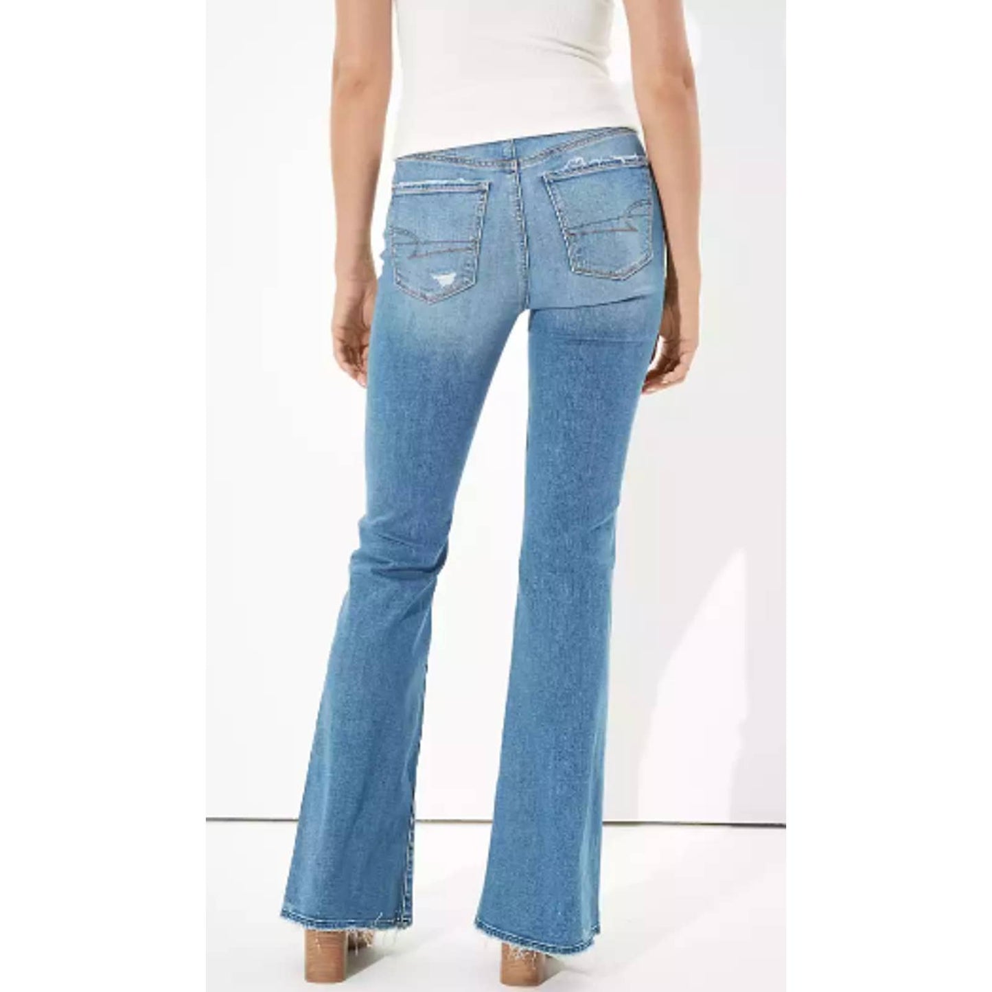 American Eagle Super Hi-Rise Flare Jeans 16 Stretch Blue Denim Distressed NEW