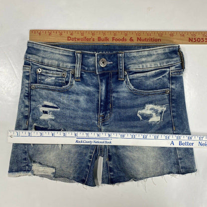 American Eagle Shorts Sz 2 Womens Next Level Stretch Denim Jean Raw Hem Holes