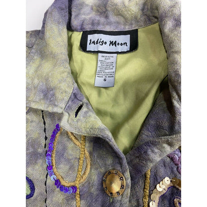 Indigo Moon Jacket Sz Small ART TO WEAR Sequins Flowers Embroidered Green/Purple