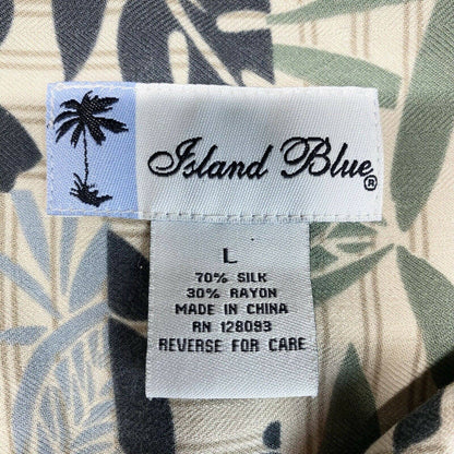 Island Blue Hawaiian Silk Blend Button Up Shirt Sz Large Beige Short Sleeve