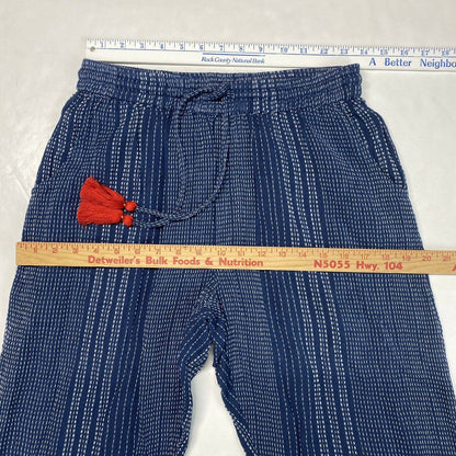 THML Pull On Crop Pants Sz Medium Blue Textured Boho Tassels Lightweight Cotton