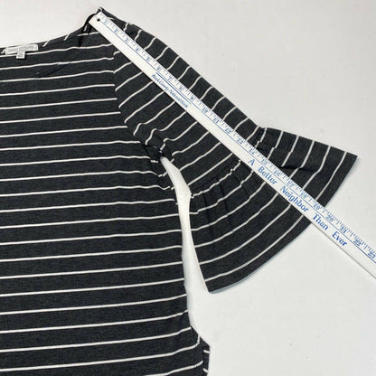 Green Envelope Striped 3/4 Bell Sleeve Top 1X Gray/White Stretch Jersey Knit EUC