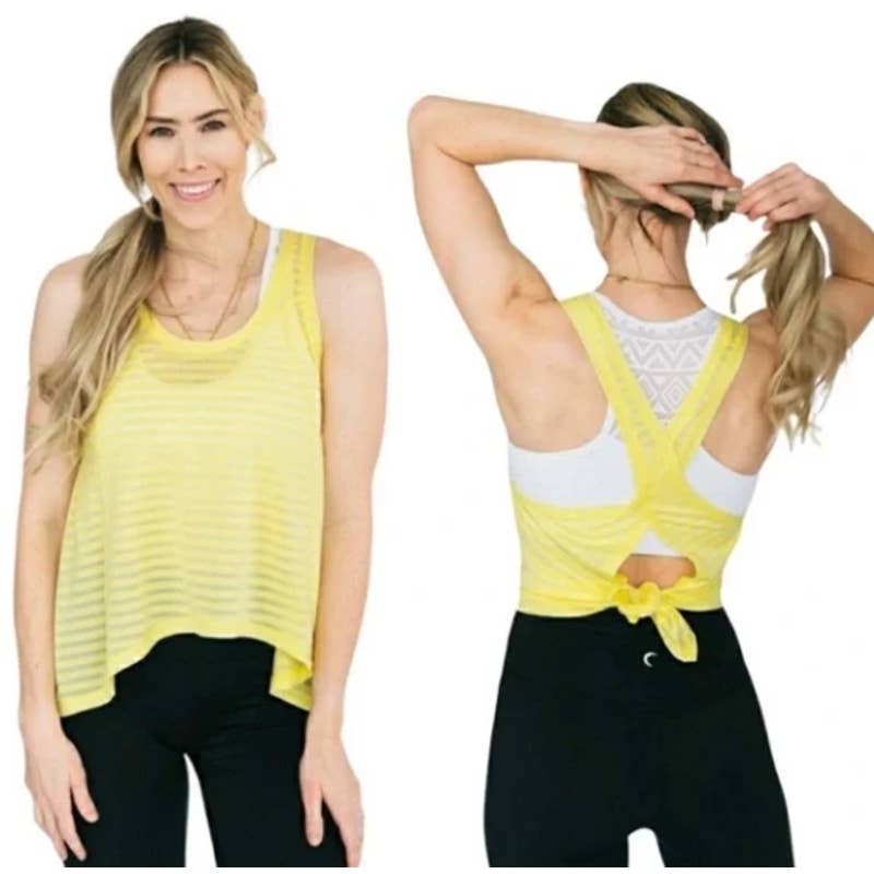 Zyia Active Nimbus Split Back Tank Top Large Yellow Open Back Sheer Stripe EUC