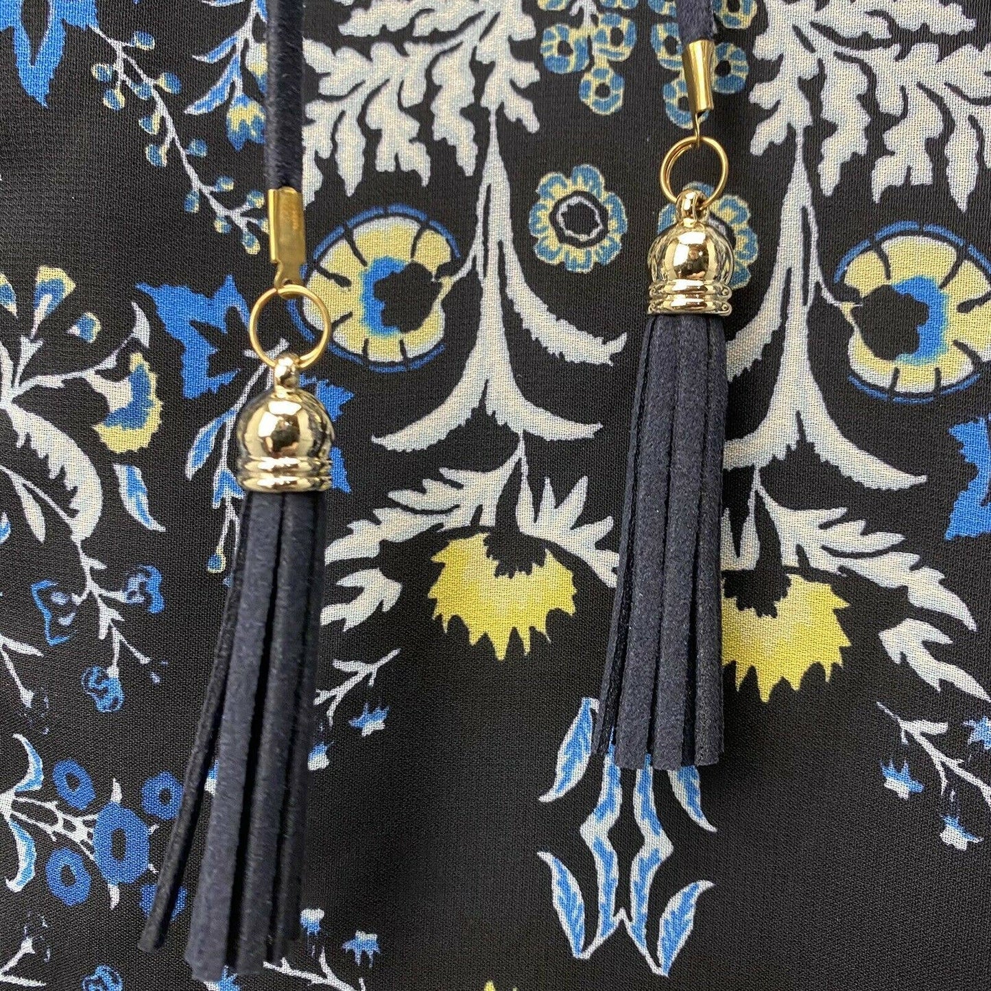 Vince Camuto Mini Dress Sz 6 Navy Blue Floral Tiered Ruffled Sleeve Tassels NEW