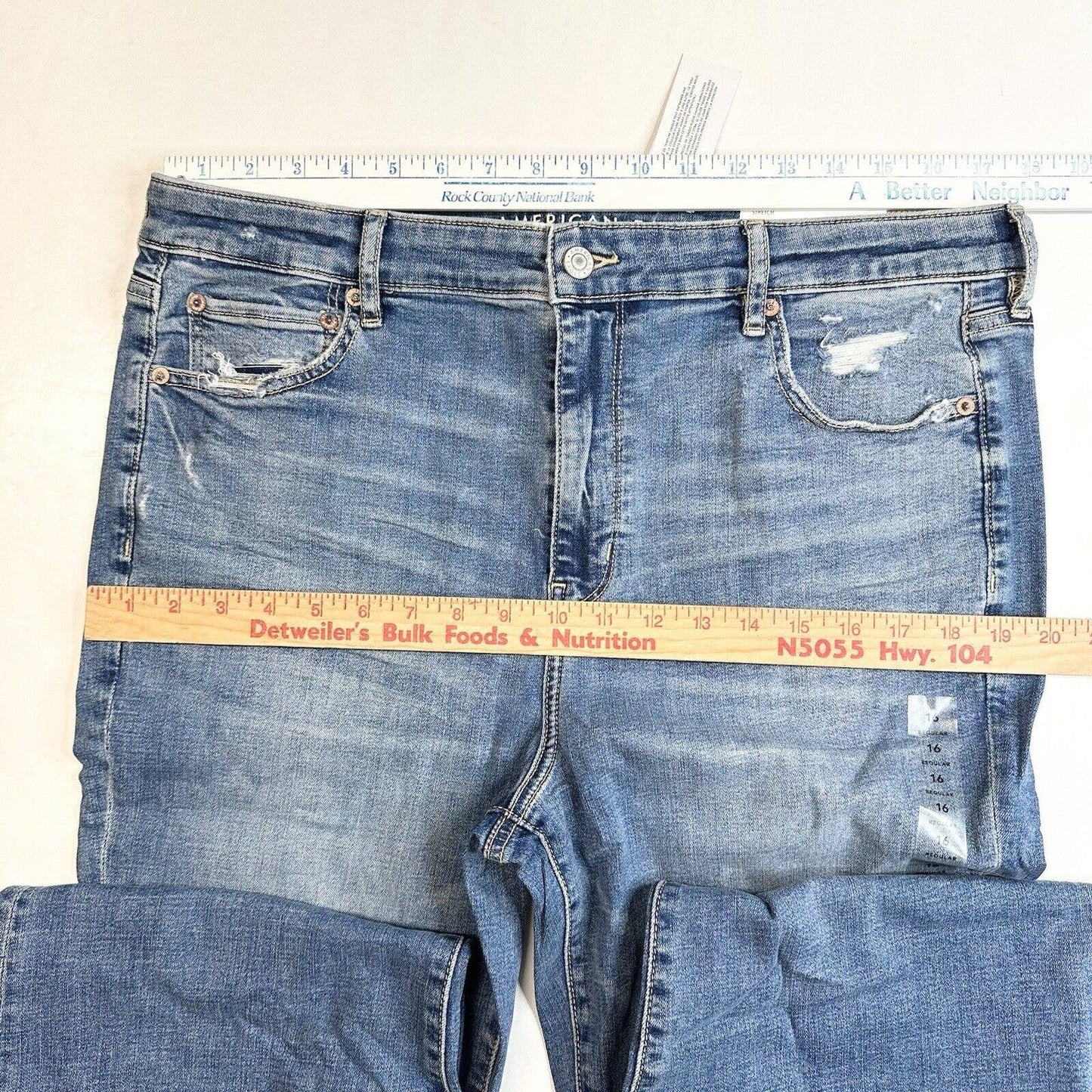 American Eagle Super Hi-Rise Flare Jeans 16 Stretch Blue Denim Distressed NEW
