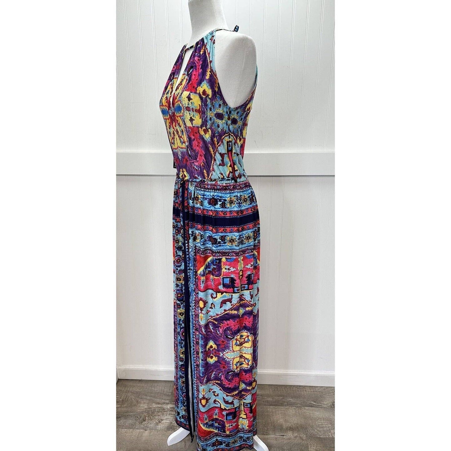 Alexia Admor Halter Maxi Dress XS Multicolor Boho Aztec Pattern Cut Out Slit NEW