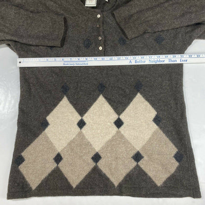 Boundary Waters Lambswool Blend Sweater Sz Large Women Brown Pullover Argyle Top