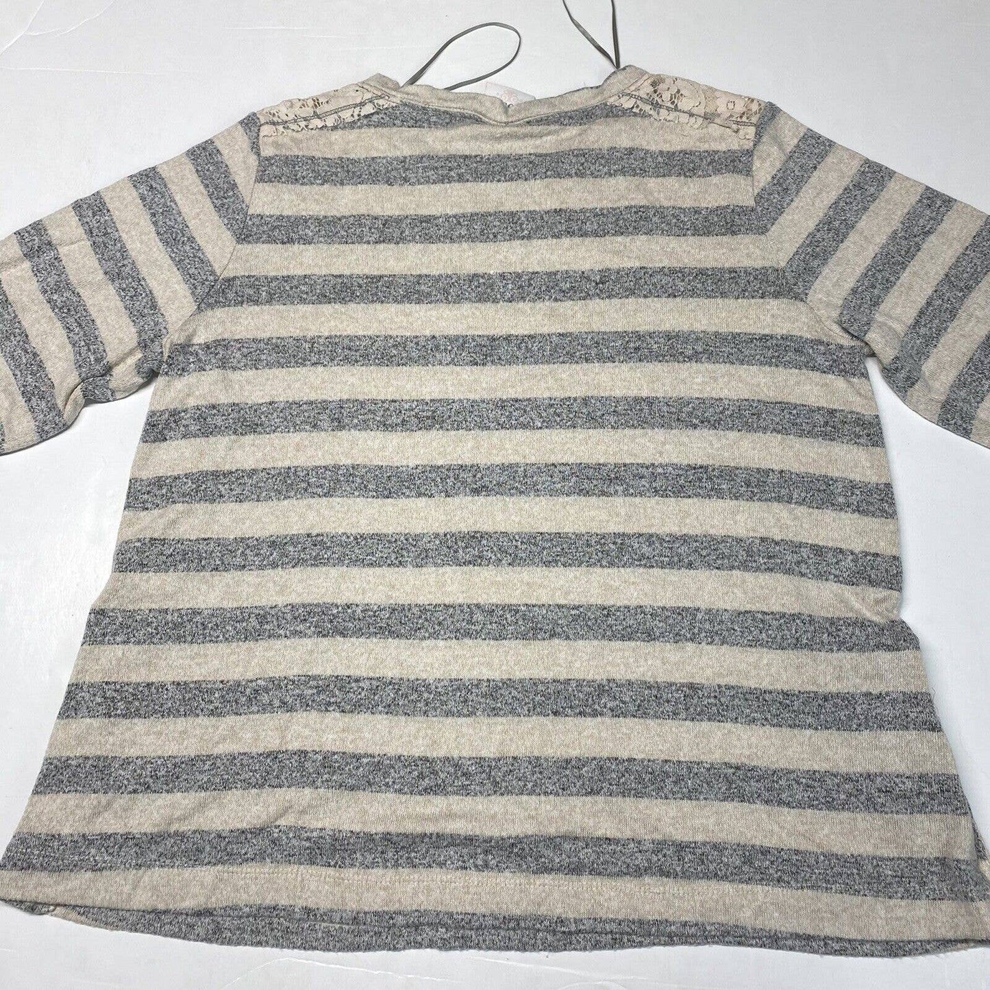 Knox Rose Striped Top XL Beige/Gray Stretchy Knit Long Sleeve Shirt Lace Accent