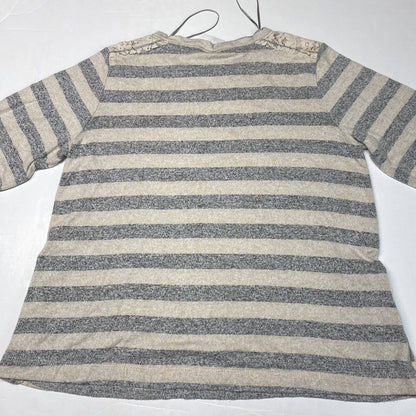 Knox Rose Striped Top XL Beige/Gray Stretchy Knit Long Sleeve Shirt Lace Accent