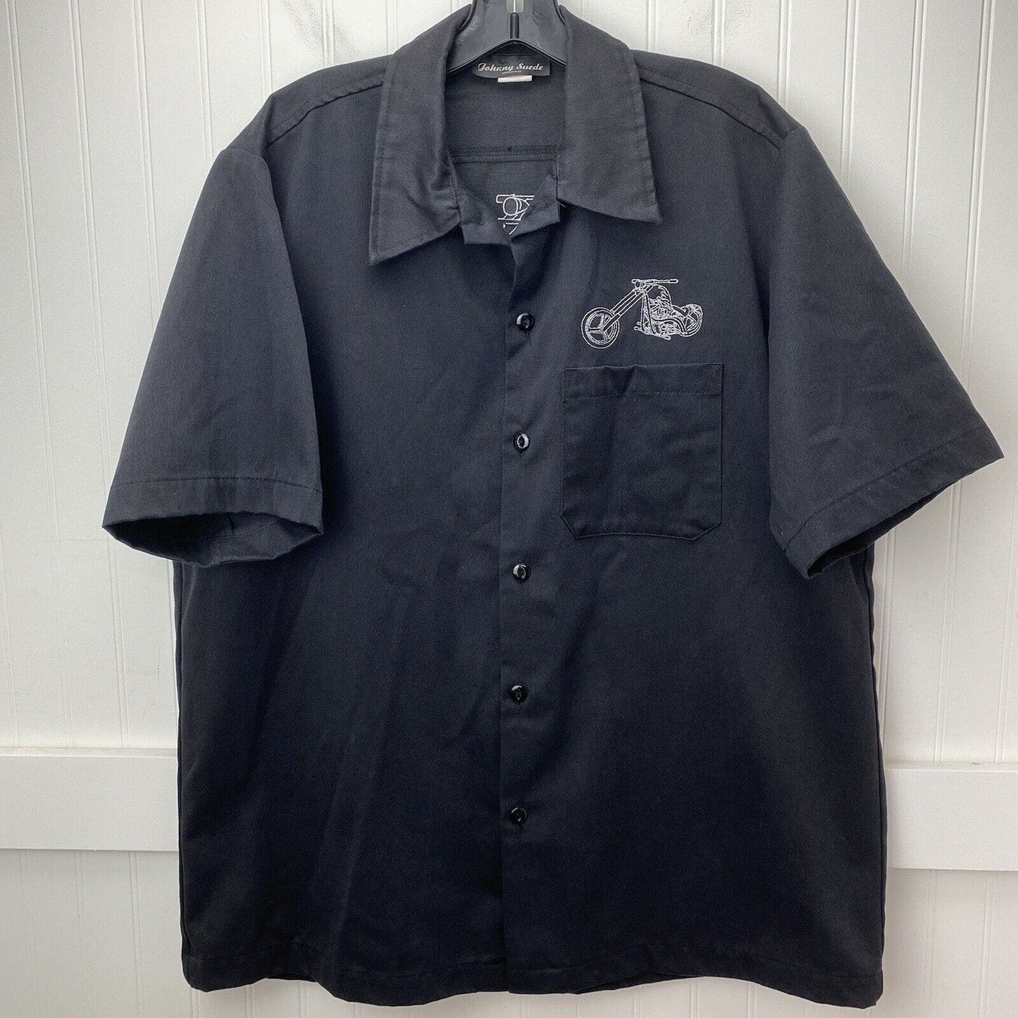 Johnny Suede Button Up Shirt Mens L Black Embroidered Motorcycle Biker USA EUC