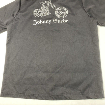 Johnny Suede Button Up Shirt Mens L Black Embroidered Motorcycle Biker USA EUC