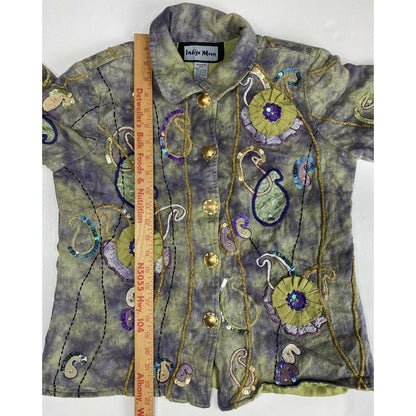 Indigo Moon Jacket Sz Small ART TO WEAR Sequins Flowers Embroidered Green/Purple
