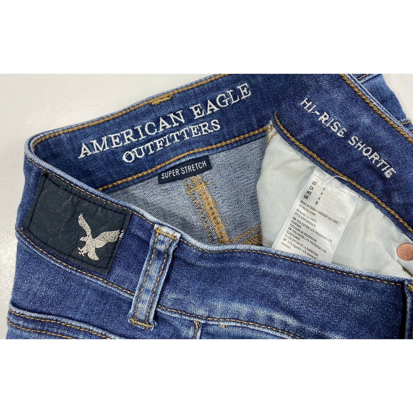 American Eagle Hi-Rise Shortie Sz 4 Denim Jean Shorts Destroyed Holes Raw Hem