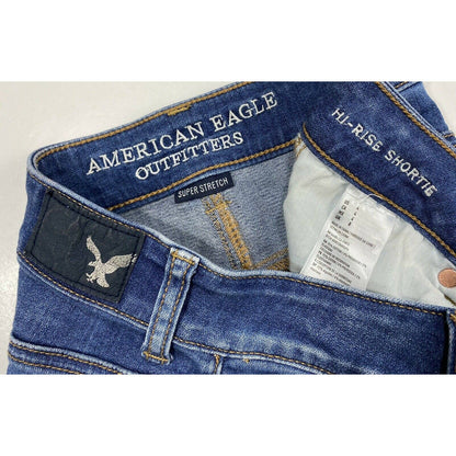 American Eagle Hi-Rise Shortie Sz 4 Denim Jean Shorts Destroyed Holes Raw Hem