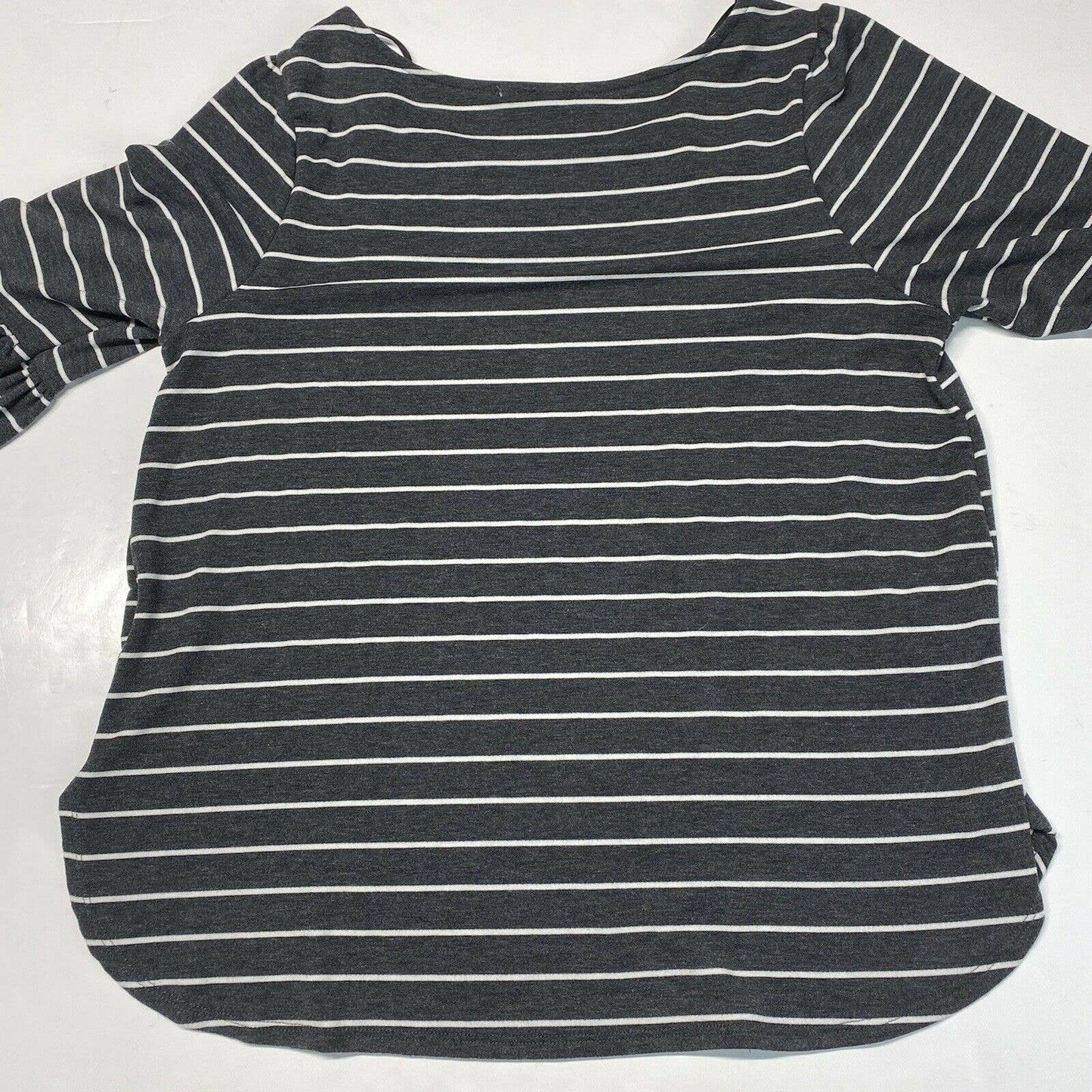 Green Envelope Striped 3/4 Bell Sleeve Top 1X Gray/White Stretch Jersey Knit EUC