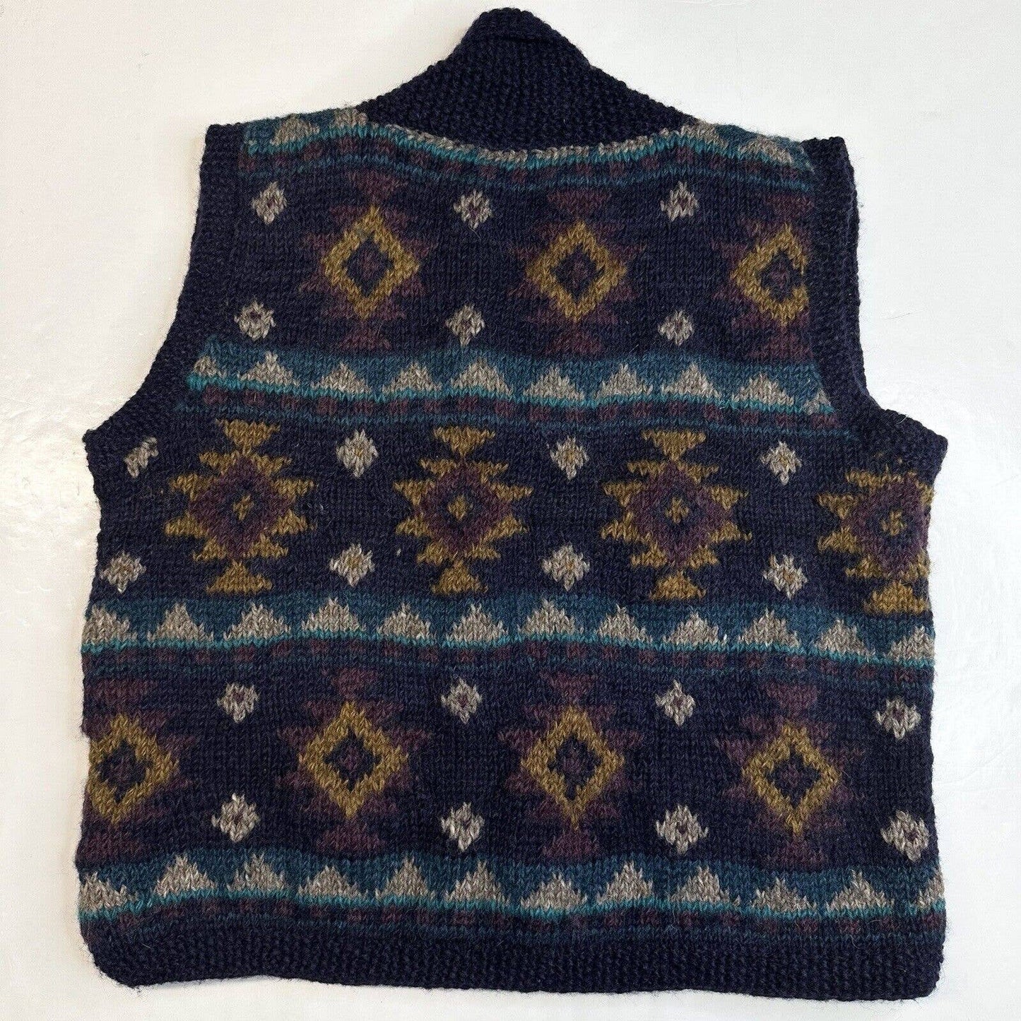 Vintage Newari 100% Wool Sweater Vest Sz Large Hand Knit Multicolor Wood Toggles