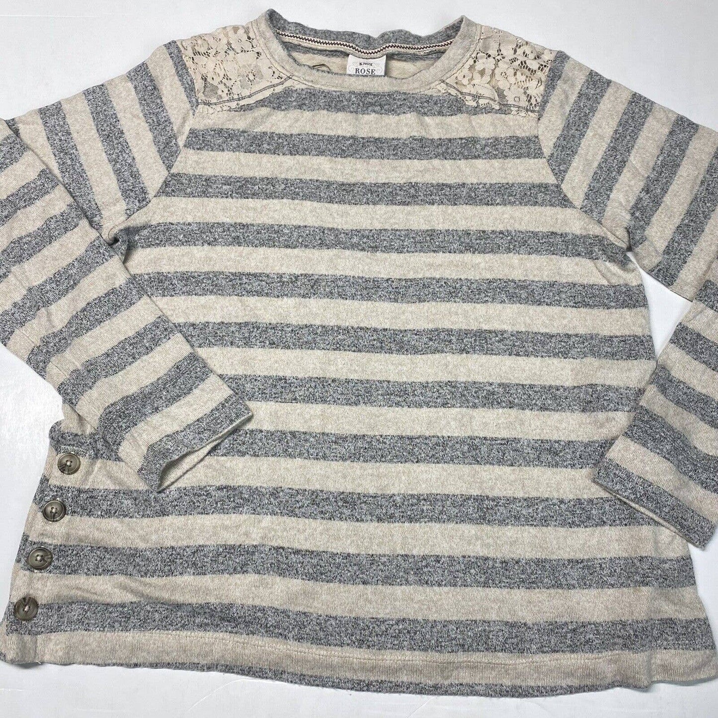 Knox Rose Striped Top XL Beige/Gray Stretchy Knit Long Sleeve Shirt Lace Accent