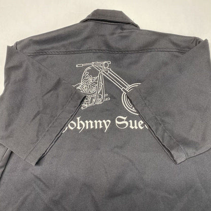 Johnny Suede Button Up Shirt Mens L Black Embroidered Motorcycle Biker USA EUC