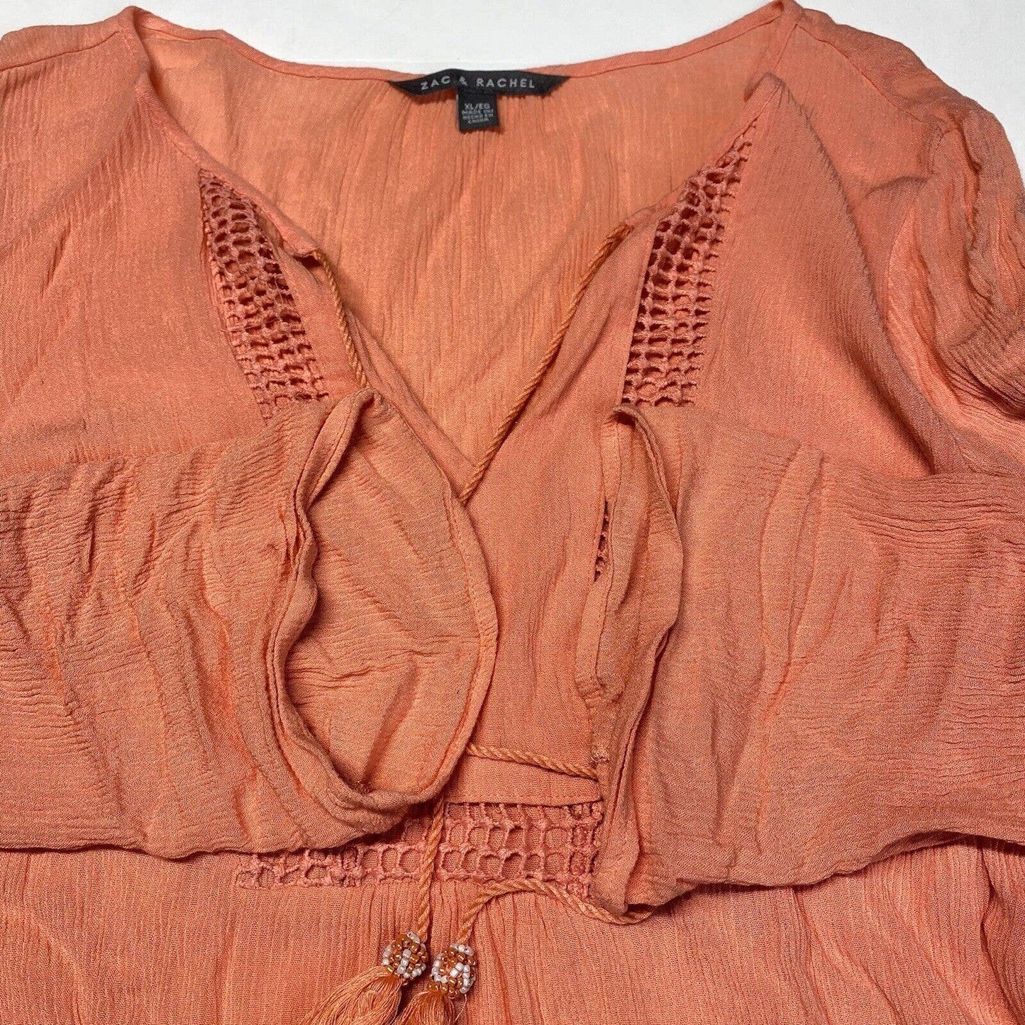 Zac & Rachel Boho Blouse Sz XL Coral/Orange Roll Tab Sleeve Gauze Tassels Beads