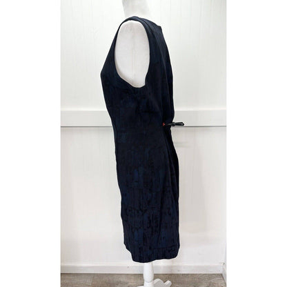 MM LaFleur Shirley Sheath Dress 14 Blue/Black Jacquard Sleeveless Stretch Slit