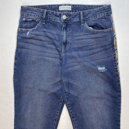 Knox Rose Relaxed Straight Ankle Jeans Sz 10 Denim Distress Embroidered Stripes