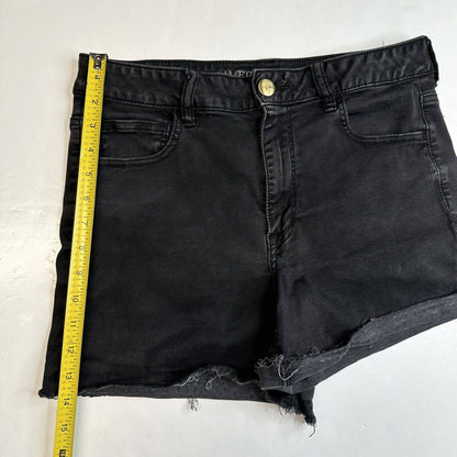 American Eagle Hi-Rise Shortie 14 Super Super Stretch Black Denim Short Fray