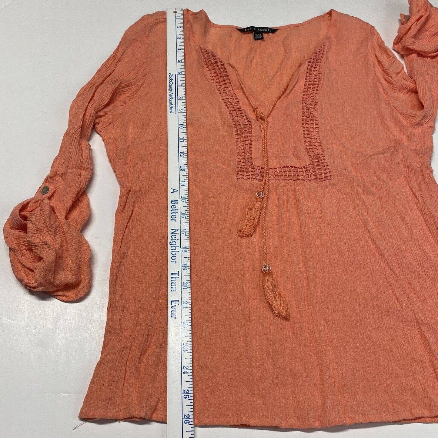 Zac & Rachel Boho Blouse Sz XL Coral/Orange Roll Tab Sleeve Gauze Tassels Beads