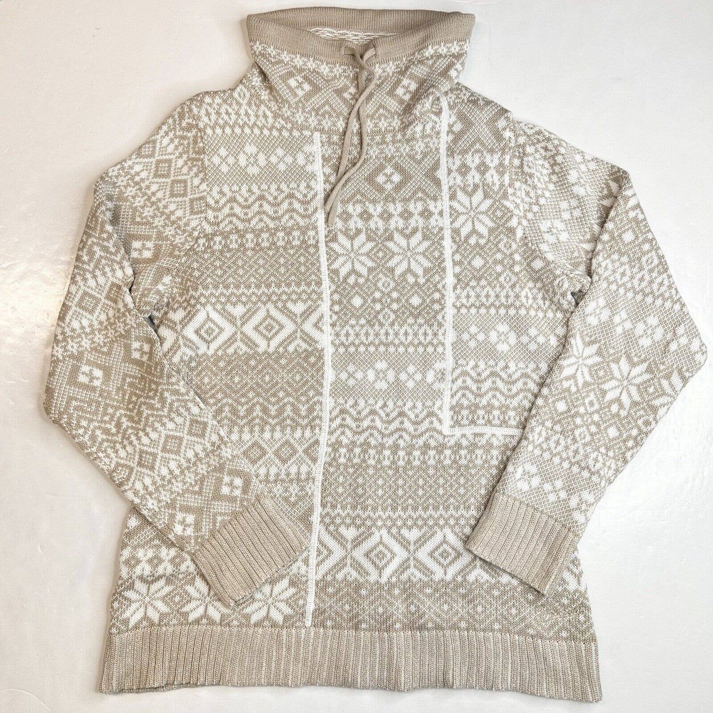 Woolrich Nordic Fair Isle Sweater Sz Medium Beige/White Cowl Cinch Neck Top EUC