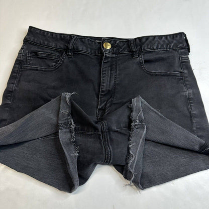American Eagle Hi-Rise Shortie 14 Super Super Stretch Black Denim Short Fray
