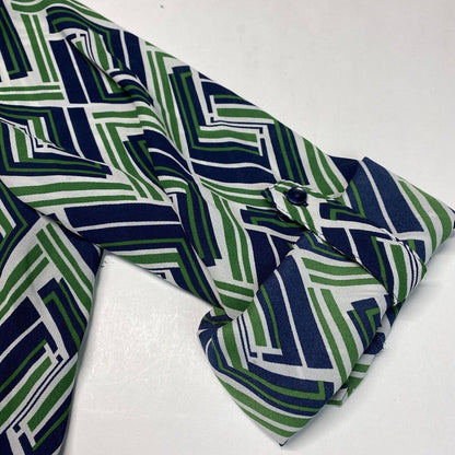 Zac & Rachel Blouse Sz 1X Green/Navy Blue Roll Tab Sleeve Bold Geometric Pattern