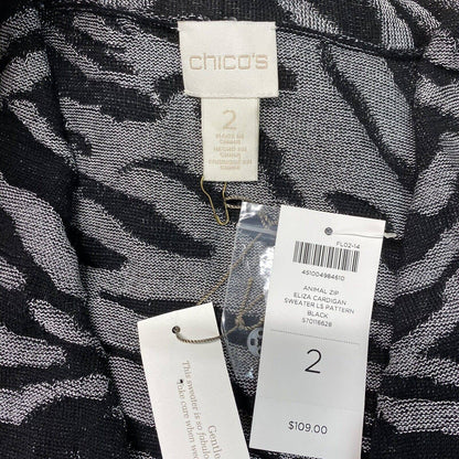 Chicos Eliza Zip Up Knit Cardigan Sz 2 (Large) Zebra Black/Silver Sweater NEW
