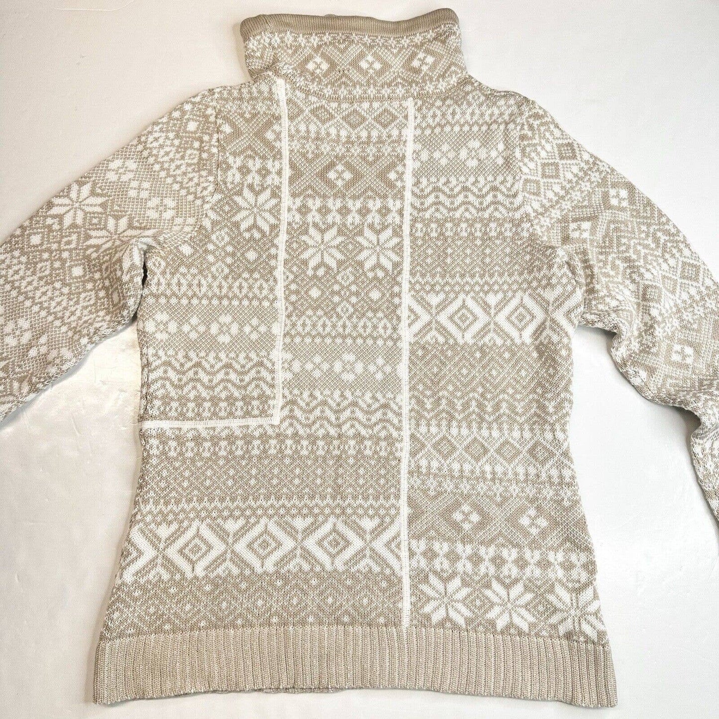 Woolrich Nordic Fair Isle Sweater Sz Medium Beige/White Cowl Cinch Neck Top EUC