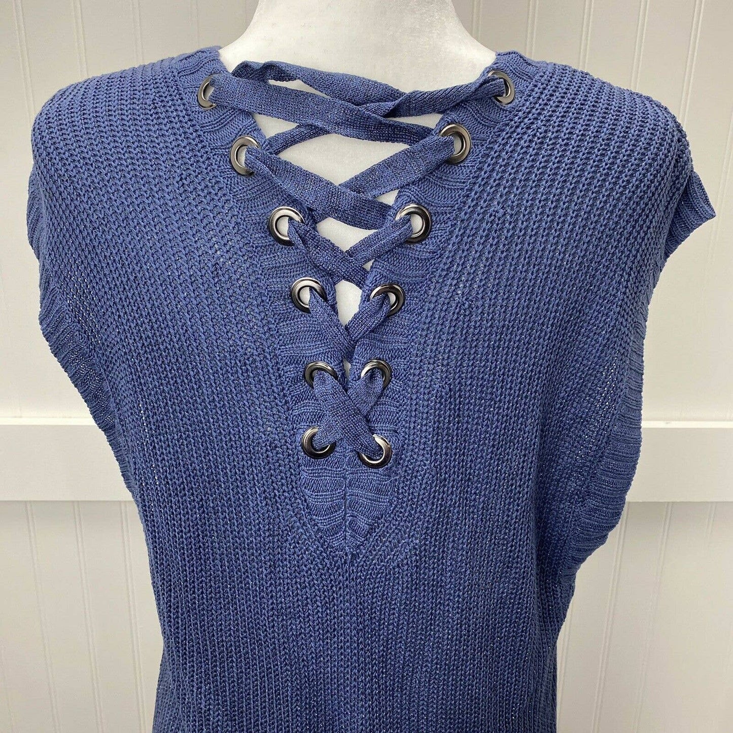 Chico's Open Front Long Cardigan Sz 2 (US 12/Large) Blue Periwinkle Sleeveless