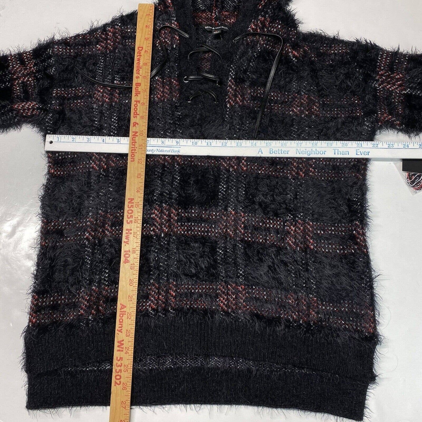 Rock & Republic Furry Hooded Sweater Sz Large Black Plaid Soft Fuzzy Hoodie NEW