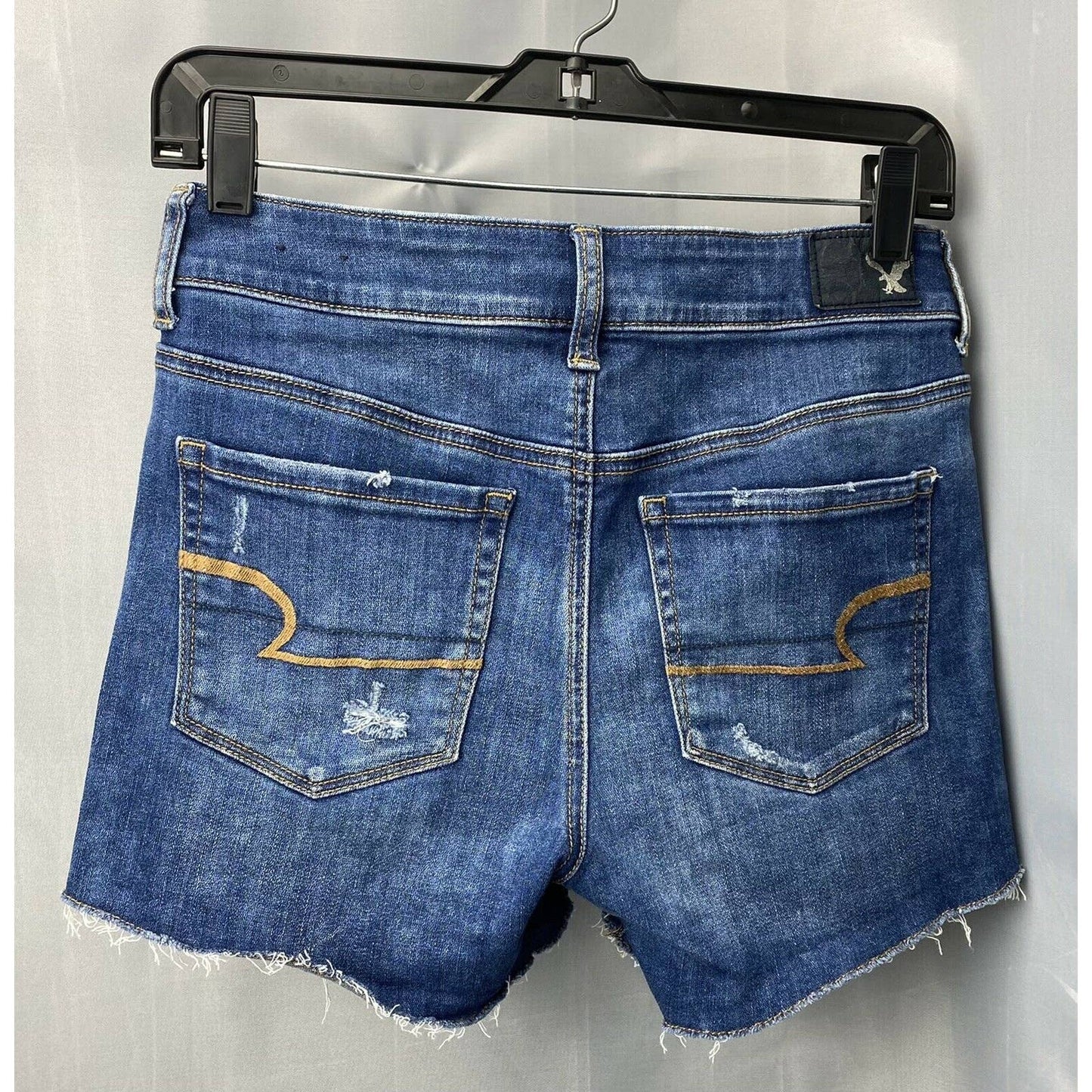American Eagle Hi-Rise Shortie Sz 4 Denim Jean Shorts Destroyed Holes Raw Hem