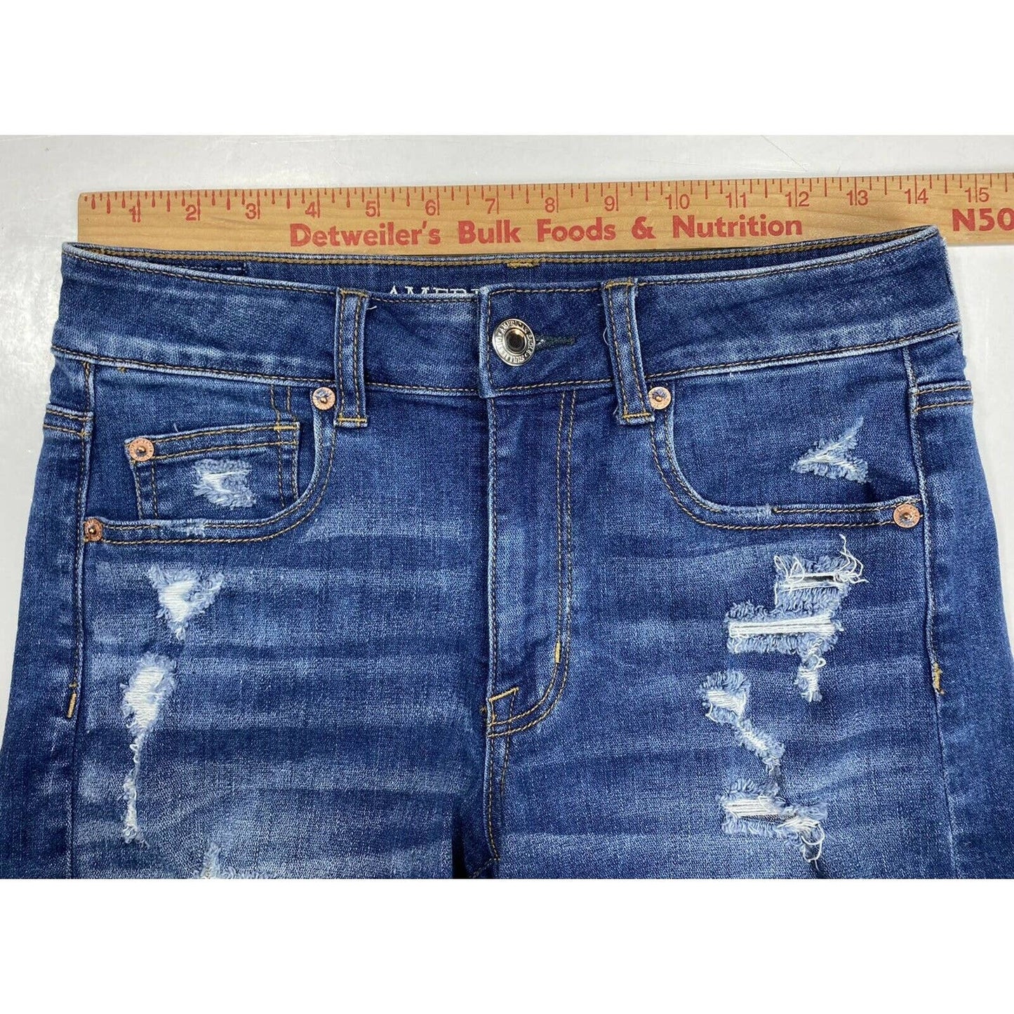 American Eagle Hi-Rise Shortie Sz 4 Denim Jean Shorts Destroyed Holes Raw Hem