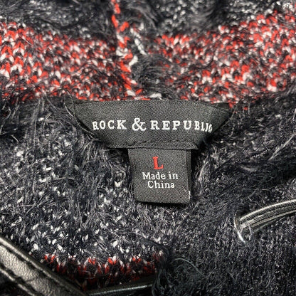 Rock & Republic Furry Hooded Sweater Sz Large Black Plaid Soft Fuzzy Hoodie NEW
