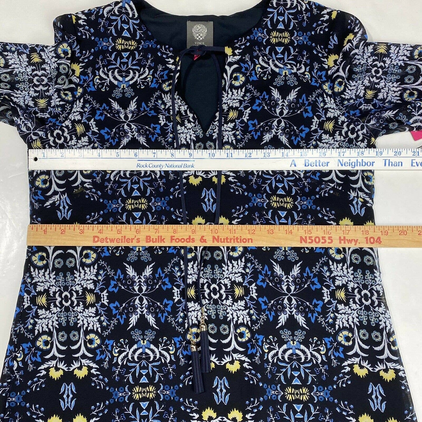 Vince Camuto Mini Dress Sz 6 Navy Blue Floral Tiered Ruffled Sleeve Tassels NEW