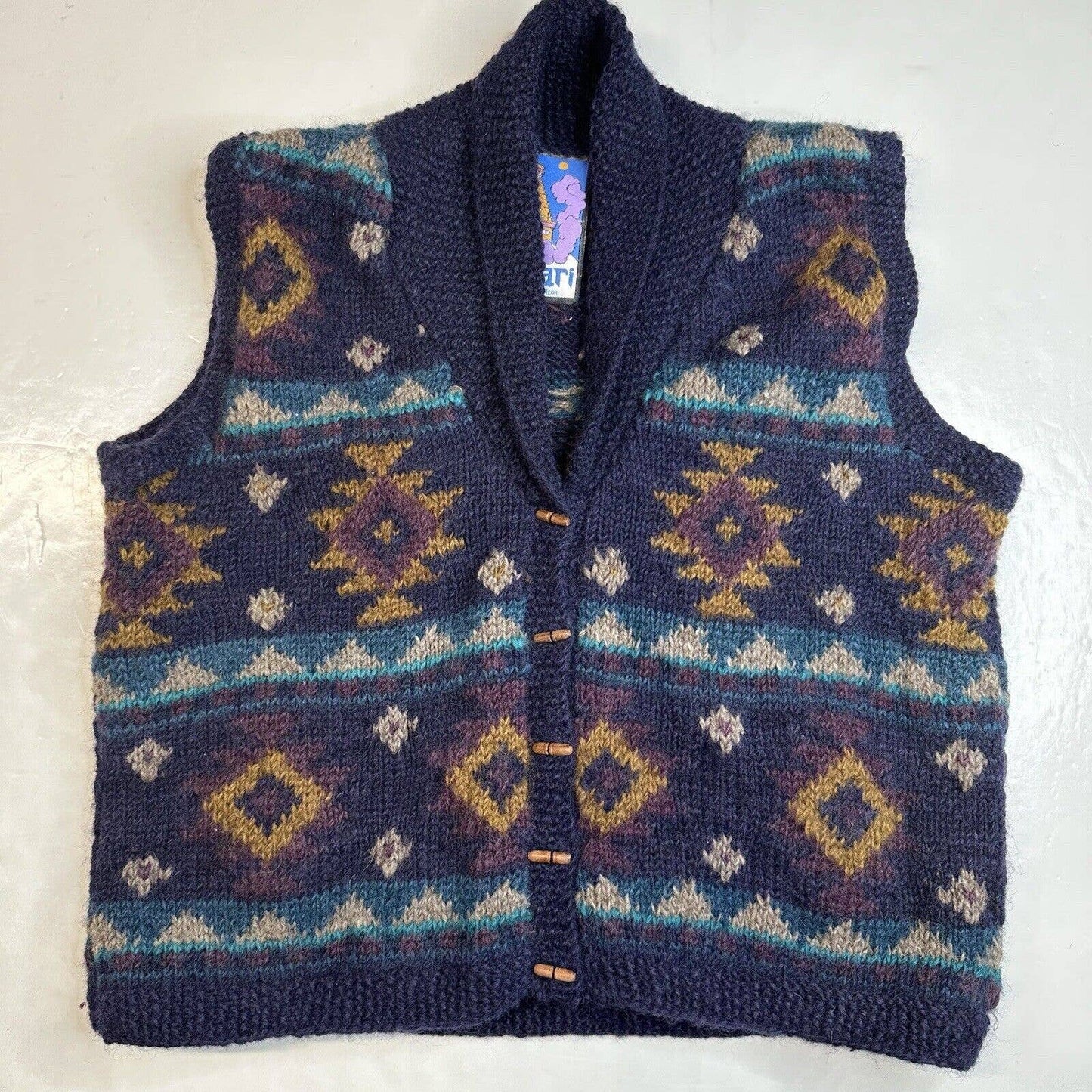 Vintage Newari 100% Wool Sweater Vest Sz Large Hand Knit Multicolor Wood Toggles