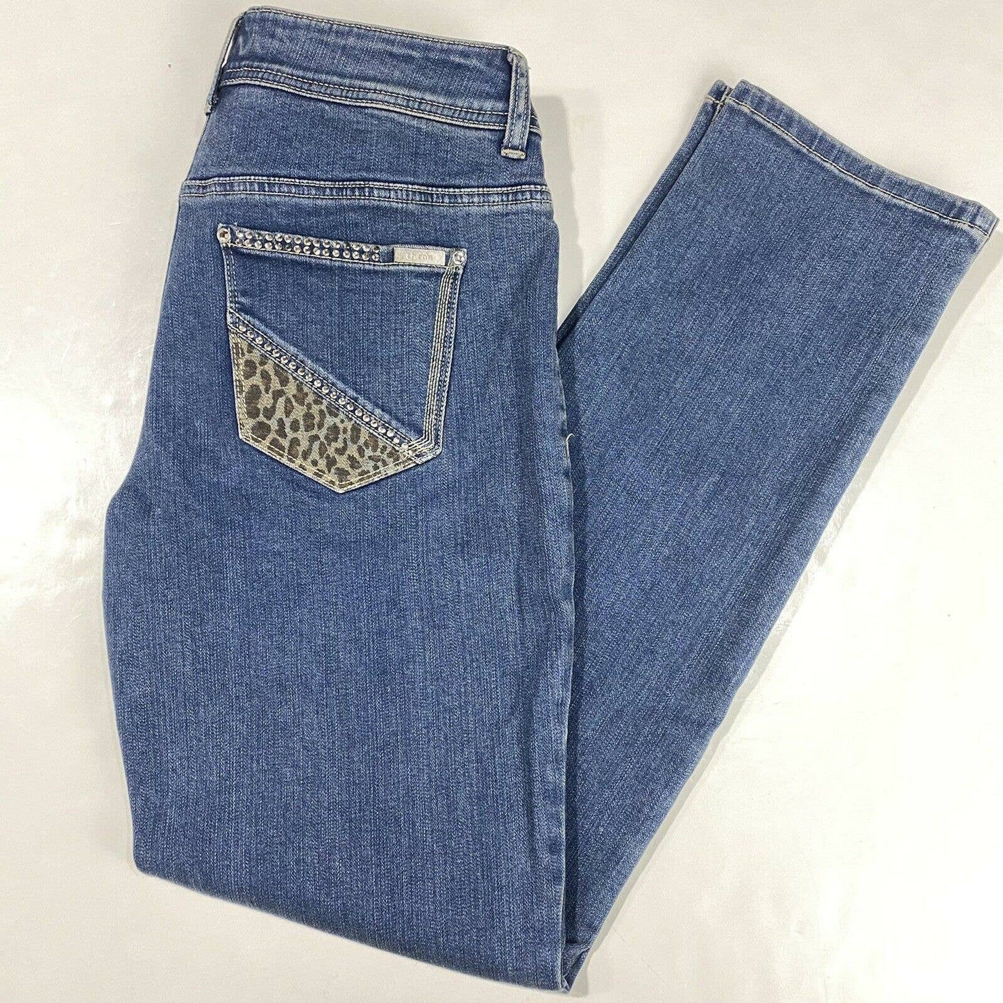 Chicos So Slimming Tapered Sz 00 (US 2) Midrise Denim Jeans Cheetah Print Jewels