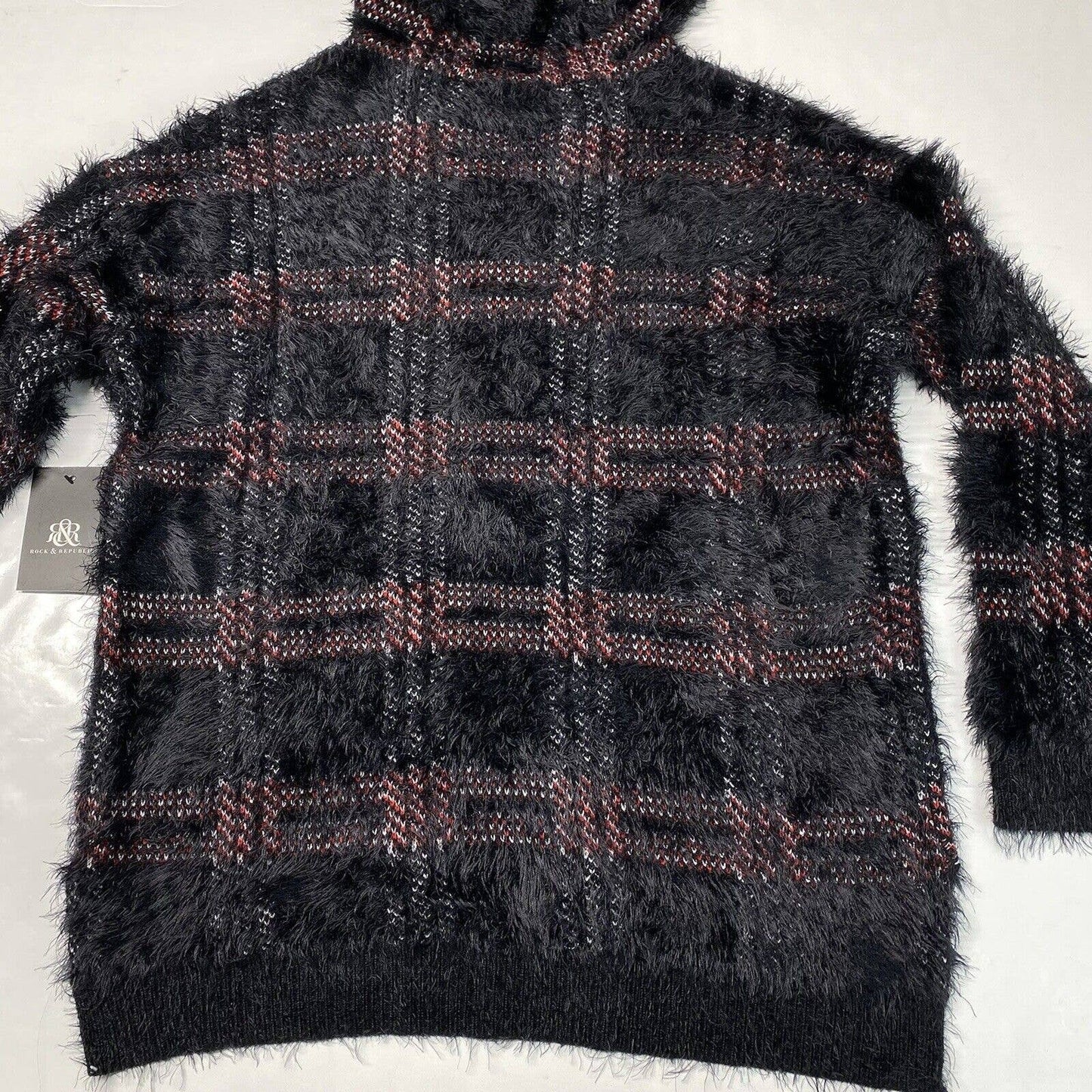 Rock & Republic Furry Hooded Sweater Sz Large Black Plaid Soft Fuzzy Hoodie NEW