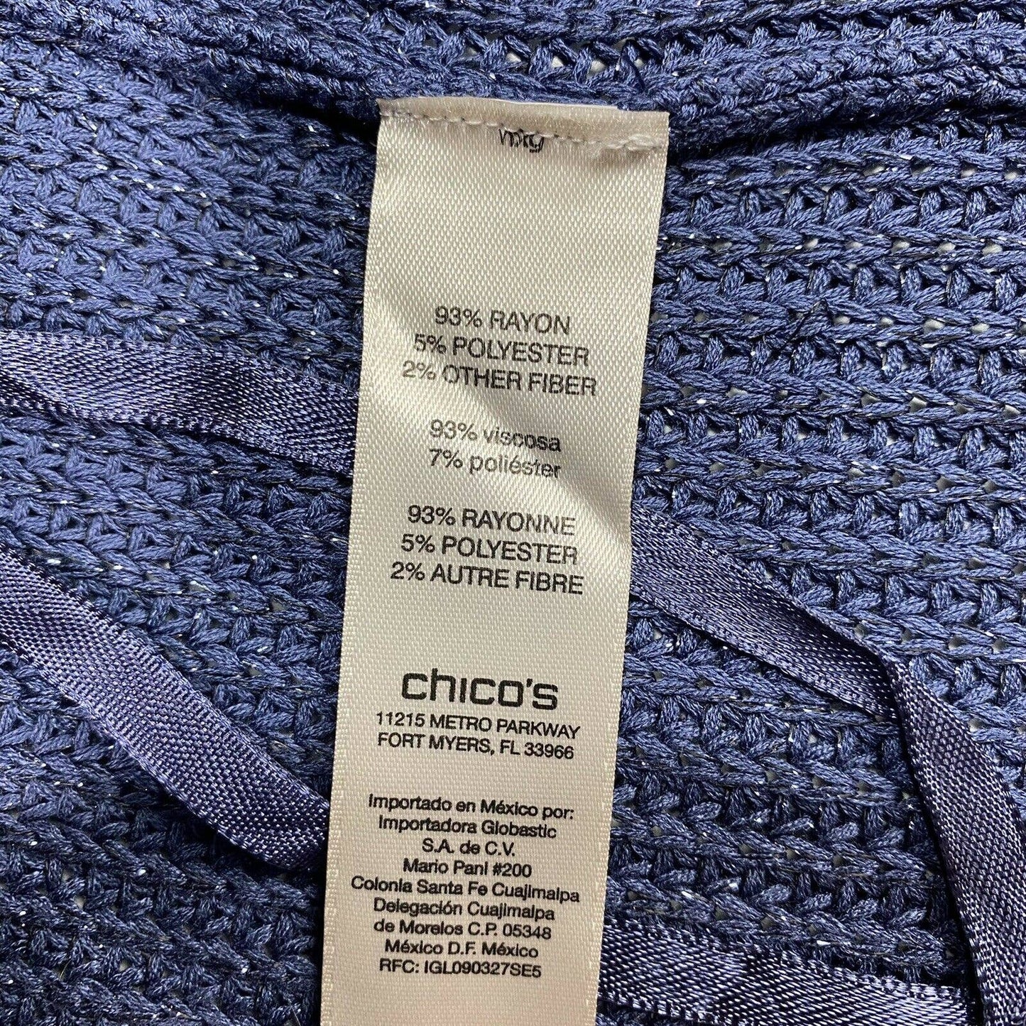 Chico's Open Front Long Cardigan Sz 2 (US 12/Large) Blue Periwinkle Sleeveless