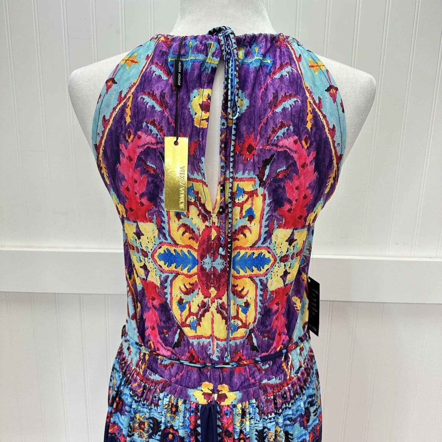 Alexia Admor Halter Maxi Dress XS Multicolor Boho Aztec Pattern Cut Out Slit NEW