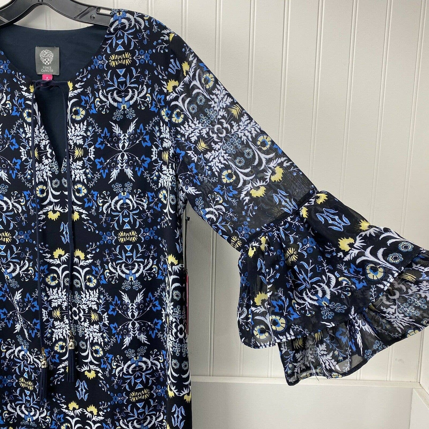 Vince Camuto Mini Dress Sz 6 Navy Blue Floral Tiered Ruffled Sleeve Tassels NEW