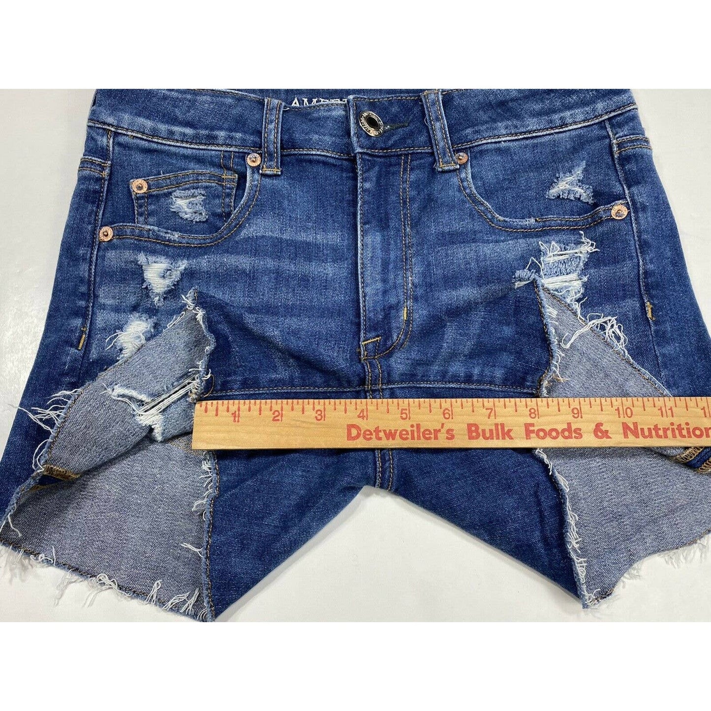 American Eagle Hi-Rise Shortie Sz 4 Denim Jean Shorts Destroyed Holes Raw Hem