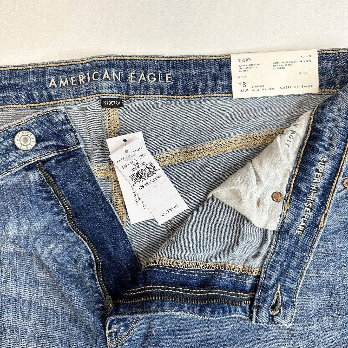 American Eagle Super Hi-Rise Flare Jeans 18 Stretch Blue Denim Distressed NEW